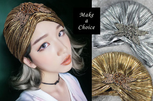 A200901【現貨】歐美復古閃亮串珠褶皺包頭帽造型帽【金、銀】