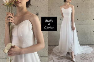 C180701【S-XL】【預購】簡約吊帶抹胸浪漫白色雪紡小拖尾輕婚紗輕禮服