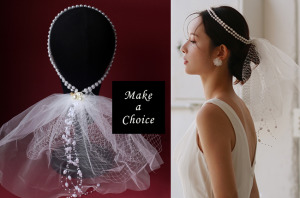 A200902【現貨】手工珍珠串珠髮帶髮箍式網紗大網格短頭紗。自助婚紗旅拍寫真