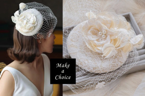 A151207【現貨】手工米白色亞麻蕾絲花朵珠珍網紗面紗頭紗小禮帽