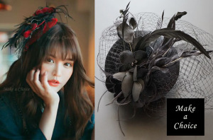 A201004【現貨】復古絲絨黑色羽花朵網紗面紗小禮帽。派對新娘歐美法式【黑色、酒紅色】