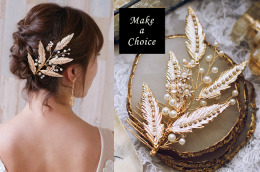 A210302【現貨】法式復古金色鑲鑽枝葉珍珠髮梳。盤髮新娘飾品自助婚紗