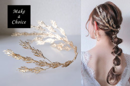 A210501【現貨】復古金色不對稱設計枝葉麥穗髮箍皇冠(可彎曲造型)。新娘飾品寫真派對