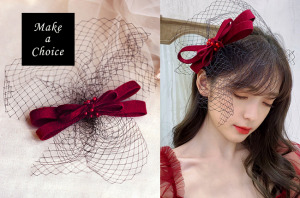 A170603【現貨】復古酒紅色天鵝絨串珠蝴蝶結黑色網紗小禮帽