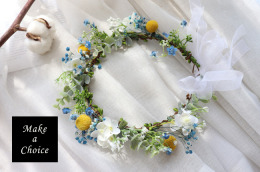 A210801【現貨】藍色w+黃色滿天星森林系小清新仿花花環花圈髮帶。新娘伴娘自助婚紗寫真