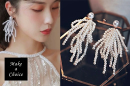 A210901【現貨】手工精緻存在感100%氣質仿珍珠流蘇耳環耳針【鋼針-白色】