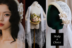 A220101【現貨】手工復古氣質白色緞布玫瑰花蕾絲髮帶連帽式軟網紗頭紗