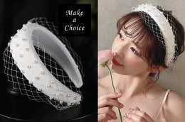 A220601【現貨】手工法式大網格網紗珍珠造型加厚絨布髮箍頭飾。新娘飾品寫真派對晚會活動