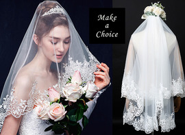A220801【現貨】復古蕾絲花邊單層橢圓包頭拖尾軟網紗頭紗【無髮梳 - 2米、3米】