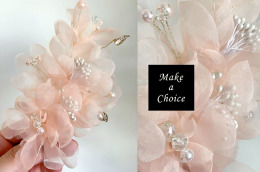 A220802【現貨】手工香檳粉色仿珍珠仿水晶絹布花朵金色枝葉水鑽頭花髮夾邊夾頭花