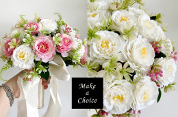 H220801【現貨】韓式森林系絹花仿花蝴蝶結綁帶小束手捧花新娘捧花【白色、白粉色】