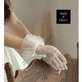 A220803【現貨】法式復古甜美蝴蝶結綁帶薄款網紗花邊微彈性短手套。結婚新娘飾品派對【白色】_5