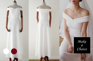 C220901【S-XL】【現貨】簡約一字肩前露背長款輕婚紗輕禮服【白色】。新娘伴娘結婚登記敬酒訂婚拍照