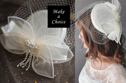 A220902【現貨】法式復古優雅白色棉麻緞面蝴蝶結珍珠網紗小禮帽。新娘飾品派對復古婚紗寫真