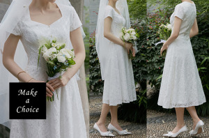 C220902【S-XL】【預購+現貨XL】法式復古白色蕾絲短袖中長款輕婚紗輕禮服小禮服。新娘伴娘結婚登記