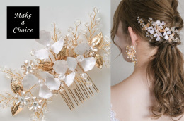 A220904【現貨】手工復古白色仿琺瑯花朵水晶串珠金色髮梳。新娘飾品派對表演造型飾品