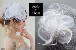 A221101【現貨】復古白色網紗蕾絲花朵羽毛可遮面小禮帽。新娘飾品派對復古婚紗寫真