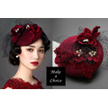 A160214【現貨】復古絲絨網紗面紗頭紗珍珠禮帽【酒紅色】
