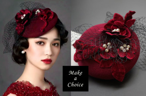 A160214【現貨】復古絲絨網紗面紗頭紗珍珠禮帽【酒紅色】