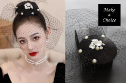 A230102【現貨】復古法式黑色網紗寶石珍珠可遮面髮夾小禮帽。新娘飾品旗袍派對復古婚紗寫真