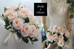 H230502【現貨】復古淡粉玫瑰絹布仿花蝴蝶結綁帶小束手捧花新娘捧