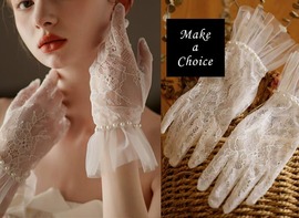 A230602【現貨】法式復古精紗蕾絲珍珠綴飾荷葉邊短手套。結婚晚宴新娘飾品派對【白色】