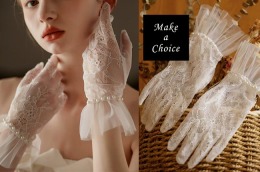 A230602【現貨】法式復古精紗蕾絲珍珠綴飾荷葉邊短手套。結婚晚宴新娘飾品派對【白色】