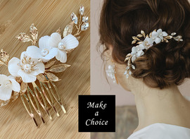 A231006【現貨】手工優雅白色陶瓷花水鑽珍珠金葉髮梳。新娘飾品派對表演寫真造型飾品