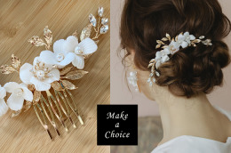 A231006【現貨】手工優雅白色陶瓷花水鑽珍珠金葉髮梳。新娘飾品派對表演寫真造型飾品