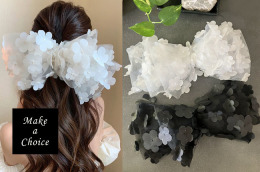 A240101【現貨】超仙浮誇立體花朵網紗超大蝴蝶結頭花髮夾彈簧夾【白色、黑色】。新娘飾品自助婚紗派對寫真表演