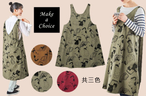 H240101【現貨】貓咪質感舒適純棉寬鬆吊帶裙式圍裙工作裙工作服廚房花藝戶外露營可當外出連身吊帶裙大尺寸大碼【共三色，紅色、棕色、綠色】
