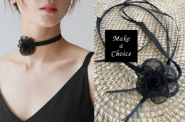 A240302【現貨】【兩用-項鍊/手腕花】法式黑色網紗花朵緞帶二用頸花頸鍊短項鍊Choker鎖骨鍊手腕花