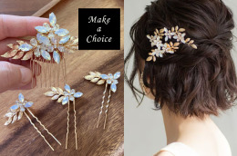 A240501【現貨】歐式手工精緻金色枝葉蛋白鑽髮梳髮簪套組。髮叉髮插髮飾盤髮編髮新娘