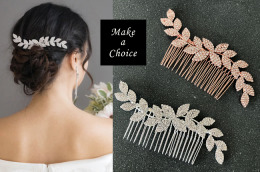 A240502【現貨】優雅百搭波浪形枝葉水鑽髮梳【銀色、玫瑰金】。新娘飾品中式婚禮宴客派對表演造型飾品媽媽飾品婆婆飾品
