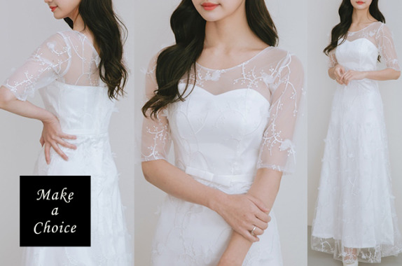 C240601【S-XL】【預購+現貨M】緞面柔美蕾絲刺繡網紗七分袖長款輕婚紗輕禮服【白色】新娘伴娘訂婚公證登記