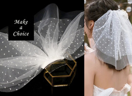 A240602【現貨】白色波點水玉點點雙層軟紗頭紗短頭紗(長35cm)。新娘飾品自助婚紗登記公證攝影拍照派對表演