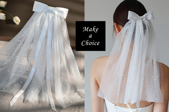 A240601【現貨】白色復古緞面蝴蝶結珍珠單層軟紗頭紗(長40cm)。新娘飾品自助婚紗登記公證攝影拍照派對表演