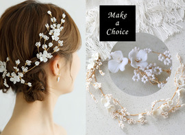 A240701【現貨】手工唯美白色陶瓷花朵串珠金色髮飾髮帶髮條。新娘飾品自助婚紗旅拍寫真