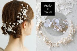 A240701【現貨】手工唯美白色陶瓷花朵串珠金色髮飾髮帶髮條。新娘飾品自助婚紗旅拍寫真