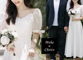 C240701【S-XXL】【預購】法式緞面胸前抓皺泡泡袖公主袖中長款輕婚紗輕禮服【白色】。旅拍證記公證小白裙