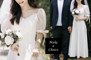 C240701【S-XXL】【預購】法式緞面胸前抓皺泡泡袖公主袖中長款輕婚紗輕禮服【白色】。旅拍證記公證小白裙