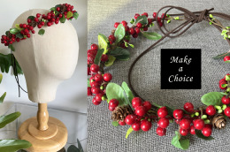 A241102【現貨】森林色紅色女漿果枝葉仿花花環花圈髮帶可調整大小。新娘伴娘自助婚紗寫真