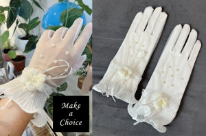 A190705【現貨】白色珍珠蕾絲百褶荷葉花邊半透明水晶紗短款手套