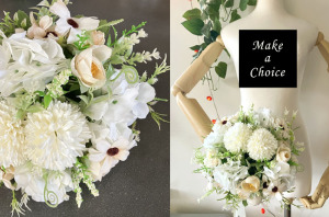 H250102【現貨】優雅香檳色調絹布仿花蝴蝶結綁帶小束手捧花新娘捧【白色+香檳色】。結婚登記捧花