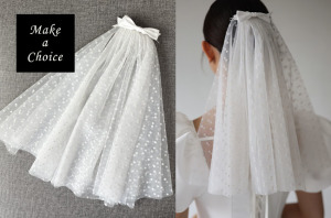 A250104【現貨】短款白色蝴蝶結水玉點點軟紗頭紗頭飾【髮梳】。新娘飾品婚禮求婚自助婚紗結婚登記生日派對表演兒童寫真