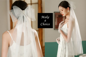 A250601【現貨】白色雙層硬挺網紗串珠大蝴蝶結軟紗頭紗頭飾【髮夾】。新娘飾品婚禮求婚自助婚紗結婚登記生日派對表演