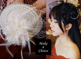 A200502【現貨】復古仿珍珠羽毛網紗絹花小禮帽【米白色、黑色】