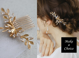 A250701【現貨】復古優雅小巧金色銅製枝葉鋯石水鑽髮梳。新娘飾品中式婚禮宴客派對表演造型飾品媽媽飾品婆婆飾品