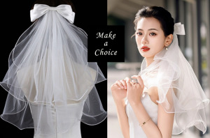 A220104【現貨】甜美清新緞面蝴蝶結滾邊短款雙層軟頭紗【髮夾式】。結婚登記自助婚紗新娘旅拍