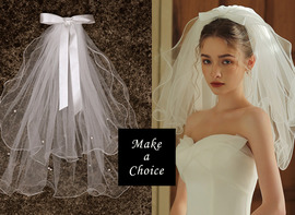 A250904【現貨】甜美復古二/雙層蓬蓬澎澎蝴蝶結珍珠釘珠軟紗造型頭紗【髮夾款】。結婚登記頭紗新娘頭紗自助婚紗